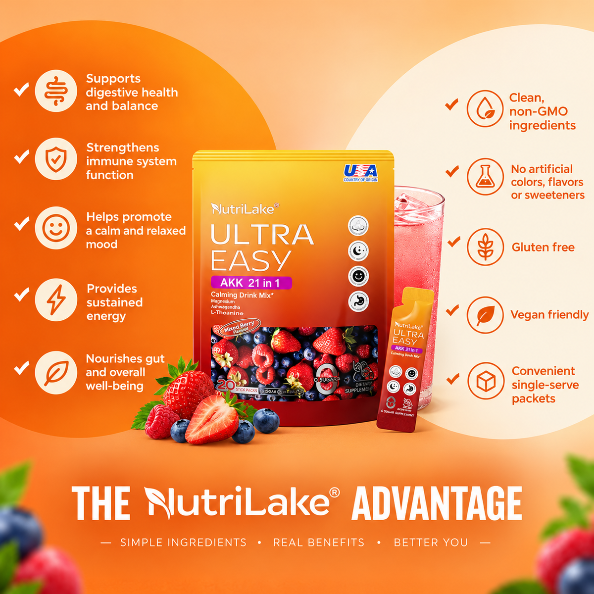 NutriLake® Ultra Easy Natural Light Body Metabolic Support Drink Mix 21-in-1 AKK Compound Probiotic Powder