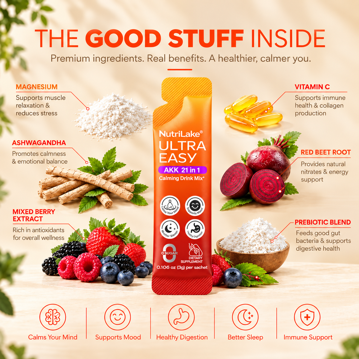 NutriLake® Ultra Easy Natural Light Body Metabolic Support Drink Mix 21-in-1 AKK Compound Probiotic Powder