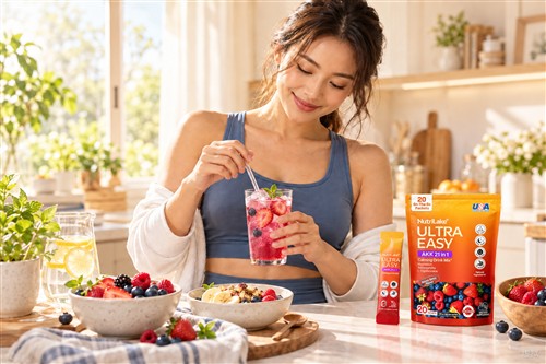 Virtual lifestyle scene with NutriLake pouch and berry drink